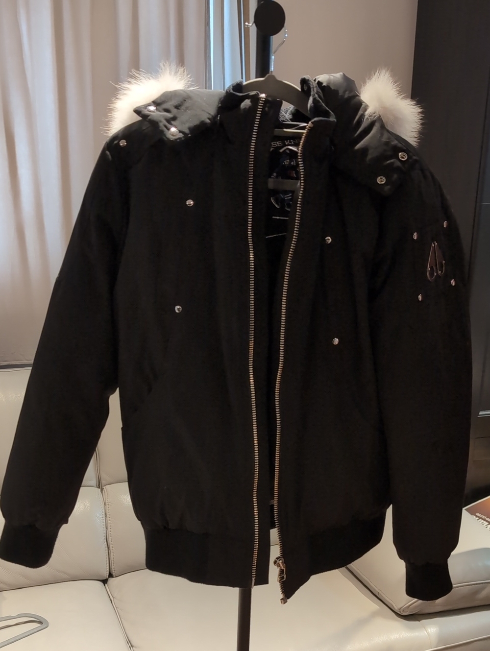 Moose Knuckles Black Bomber Jacket with White Fur Trim